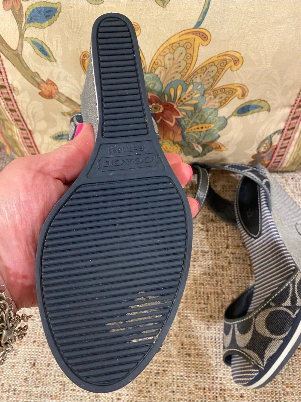 Coach Navy Denim Signature Wedge Sandals with Ankle Strap